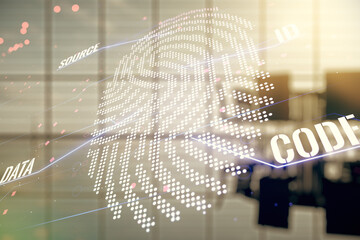Poster - Multi exposure of virtual abstract fingerprint illustration on a modern conference room background, digital access concept