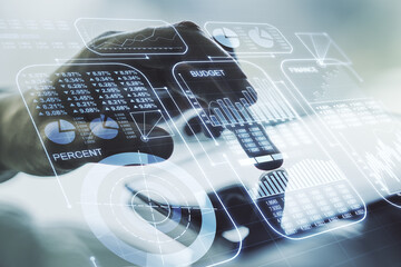 Poster - Double exposure of abstract creative statistics data hologram with finger clicks on a digital tablet on background, analytics and forecasting concept