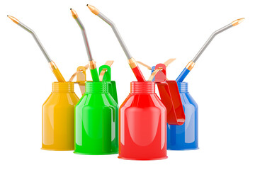 Fototapete - Colored Oil Cans. 3D rendering isolated on transparent background