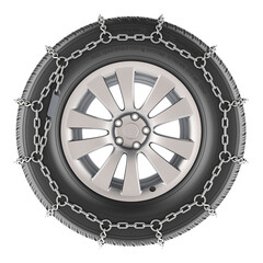 Fototapete - Car wheel with winter tire and snow chain, 3D rendering isolated on transparent background