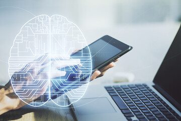Poster - Creative artificial Intelligence concept with human brain hologram and finger clicks on a digital tablet on background. Multiexposure