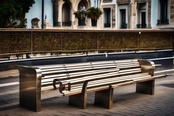 Poster - fountain in the park, Hostile design steel bench architecture defensive prevents the homeless sitting in Saint Raphael french city stock photo