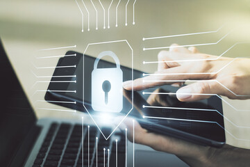 Aufkleber - Creative lock illustration with microcircuit and finger presses on a digital tablet on background, cyber security concept. Multiexposure