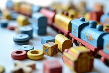 A Colorful Train Set With Various Train Cars And Tracks. Generative AI