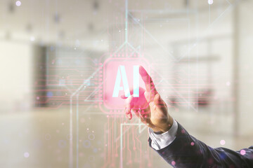 Poster - Man hand clicks on creative artificial Intelligence symbol hologram on blurred office background. Double exposure