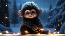 Black Monkey Cute Animal With Tree Snow Background Winter Night Mood 