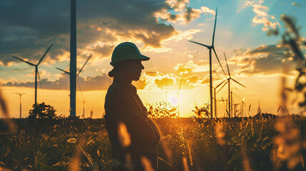 Wall Mural - A person working on a wind turbine at sunset. Renewables. Wind turbines.