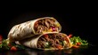 Delicious grilled beef meat wrap or aromatic Arabic shawarma boasting a medley of soaring ingredients and spices served hot and ready to savor. Commercial advertisement menu banner with copyspace area