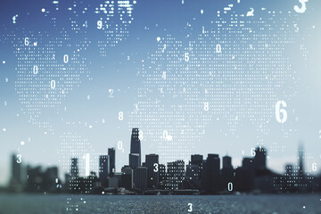 Aufkleber - Abstract virtual coding illustration and world map on San Francisco cityscape background, international software development concept. Multiexposure