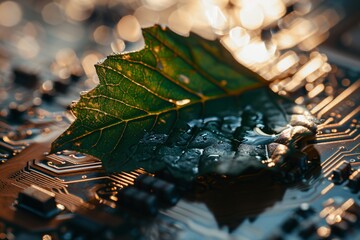 Wall Mural - A leaf on a computer circuit board Generative AI