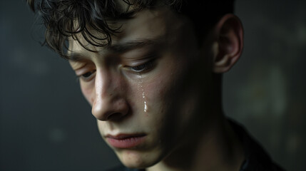  A young man is crying. The concept illustrates society's narrative that guys don't cry.