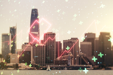 Poster - Abstract virtual heart pulse hologram on San Francisco cityscape background, online medical consulting concept. Multiexposure