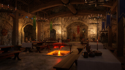 Poster - Medieval dining hall with hog roasting on an open fire. 3D illustration.