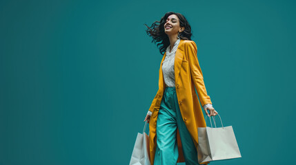 Wall Mural - Stylish woman in a yellow coat walking and carrying shopping bags, against a solid teal background.