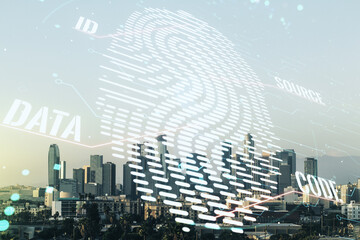 Poster - Double exposure of virtual creative fingerprint hologram on Los Angeles office buildings background, protection of personal information concept