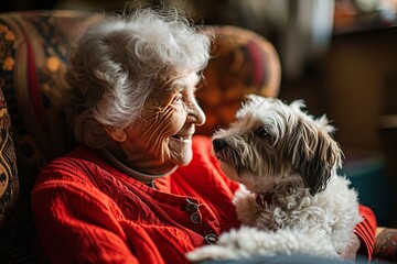  An elderly woman smiling at her small white dog Generative AI