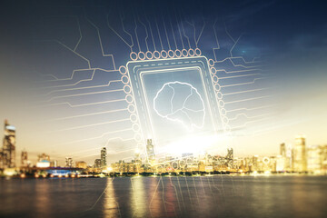 Poster - Virtual creative artificial Intelligence hologram with human brain sketch on Chicago cityscape background. Double exposure
