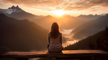 Wall Mural - Back view of hipster girl sitting, with background of beautiful mountains scene