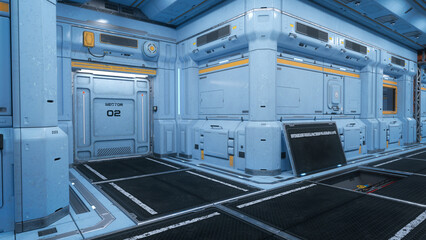 Poster - Corridor and doorway inside a futuristic fantasy sci-fi space station. 3D illustration.