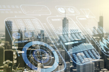 Poster - Multi exposure of stats data illustration on Chicago city skyline background, computing and analytics concept