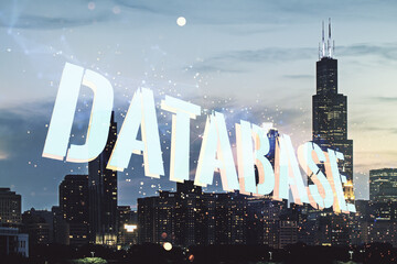 Aufkleber - Double exposure of creative Database word hologram on Chicago city skyscrapers background, research and development concept