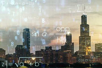 Poster - Abstract scientific formula hologram on Chicago skyline background. Multiexposure