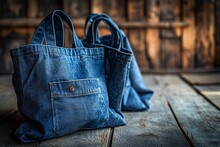 A Pair Of Blue Jean Bags On A Wooden Table. Generative AI