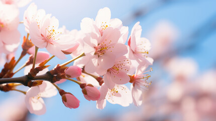 Wall Mural - Close-up of delicate cherry blossoms against a bright blue sky