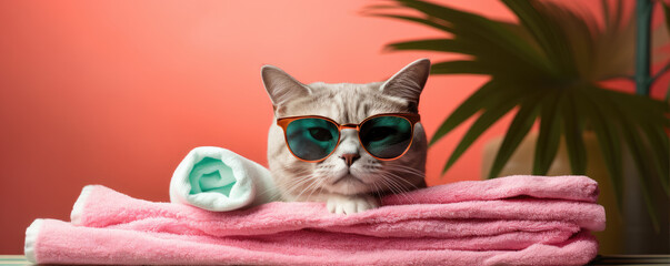 A detail of cute cat wearing on the pink towel.