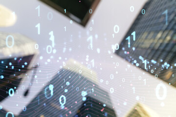 Aufkleber - Abstract virtual binary code illustration on office buildings background. Big data and coding concept. Multiexposure
