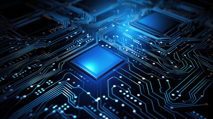 Poster - Advanced Technology Concept Visualization: Circuit Board CPU Processor Microchip Starting Artificial Intelligence Digitalization of Neural Networking and Cloud Computing. Digital Lines Move Data.