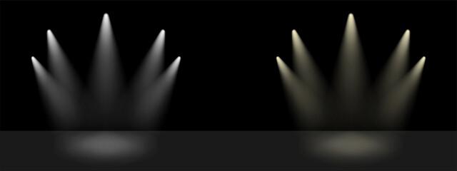 Poster - Theater show spotlight effect. Vector spot lightened stage background. White lamp glow in black concert studio. Night award scene.