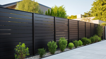 Modern metal fence for fencing the yard area. Horizontal sections of the fence made of metal