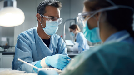 Sticker - Surgeon or dentist wearing blue scrubs, a surgical mask, goggles, and a hair cap, holding instruments, preparing for a procedure in a clinical setting with bright lighting.