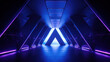 A futuristic corridor illuminated with vibrant blue and purple lights creates a portal-like vision, invoking a sense of entering into another dimension.