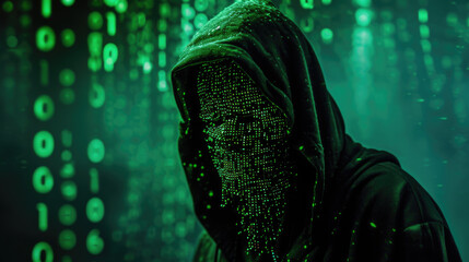 Wall Mural - Shadowy figure in a hooded jacket standing against a backdrop of digital data code