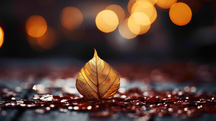 A golden autumn leaf resting on a rich burgundy surface.