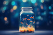 Red fish floating in an aquarium jar on a dark background