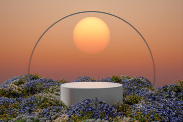 Wall Mural - Abstact 3d render spring scene and Natural background,  White podium on the colorful flowers ,Backdrop sunset, sky, sun and glass arch for product display, advertising, cosmetic, mockup or etc