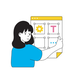 Poster - Design development concept with cartoon people in flat design for web. Woman planning work processes of interface layout programming. Vector illustration for social media banner, marketing material.