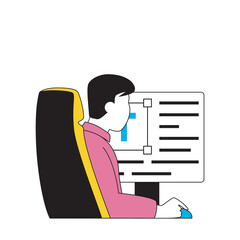 Poster - Design development concept with cartoon people in flat design for web. Man editing wireframe interface layout at computer screen. Vector illustration for social media banner, marketing material.