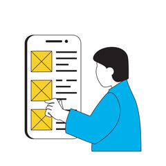 Poster - Design development concept with cartoon people in flat design for web. Man creating wireframe responsive template for app interface. Vector illustration for social media banner, marketing material.