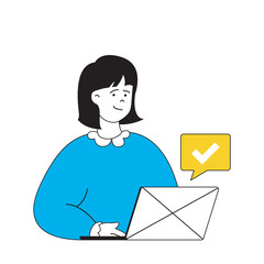 Poster - Design development concept with cartoon people in flat design for web. Woman getting user feedback messages and communicating online. Vector illustration for social media banner, marketing material.