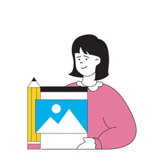 Poster - Design development concept with cartoon people in flat design for web. Woman works as illustrator in creative agency and drawing arts. Vector illustration for social media banner, marketing material.