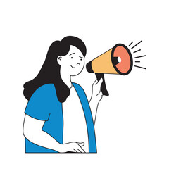 Aufkleber - Social media concept with cartoon people in flat design for web. Woman with megaphone makes advertising announcement to audience. Vector illustration for social media banner, marketing material.