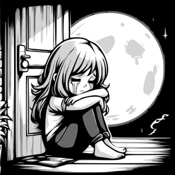 anime girl crying (black and white) - artwork 1
