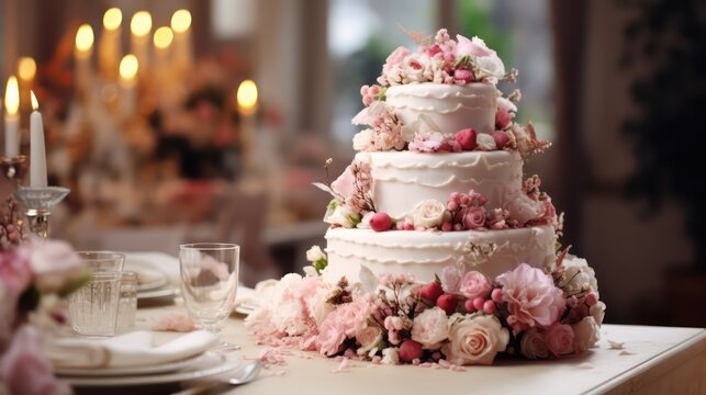 Wedding cake decorated with flowers and candles on the table