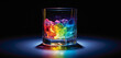 A sparkling crystal-clear glass filled with a rainbow-colored liquid set against a deep indigo background.