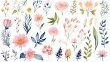 Watercolor Floral Bouquet Illustration Set - Blush Pink Blue Yellow Flower Green Leaf Leaves Branches Bouquets Collection. Wedding Stationary, Greetings, Wallpapers, Fashion, Background. Generative Ai