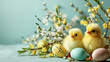 yellow easter chicks with easter eggs and some flowers in bloom